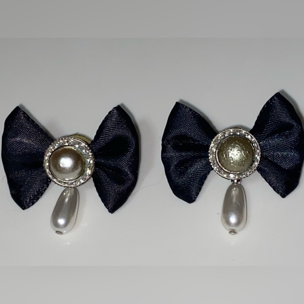 BLACK SATIN RIBBON BOW & Faux Pearl & Crystal Dangle Earrings *Damaged*